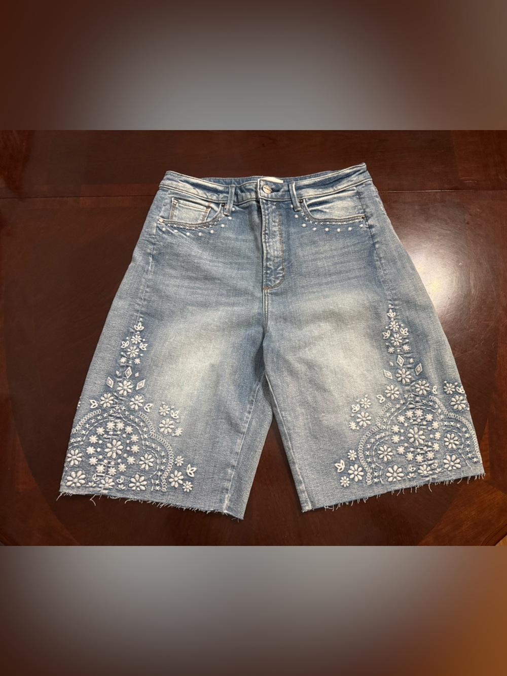 DRIFTWOOD Palmer Light Blue Denim Embroidered Jean Shorts Sz 29 Barrel Leg